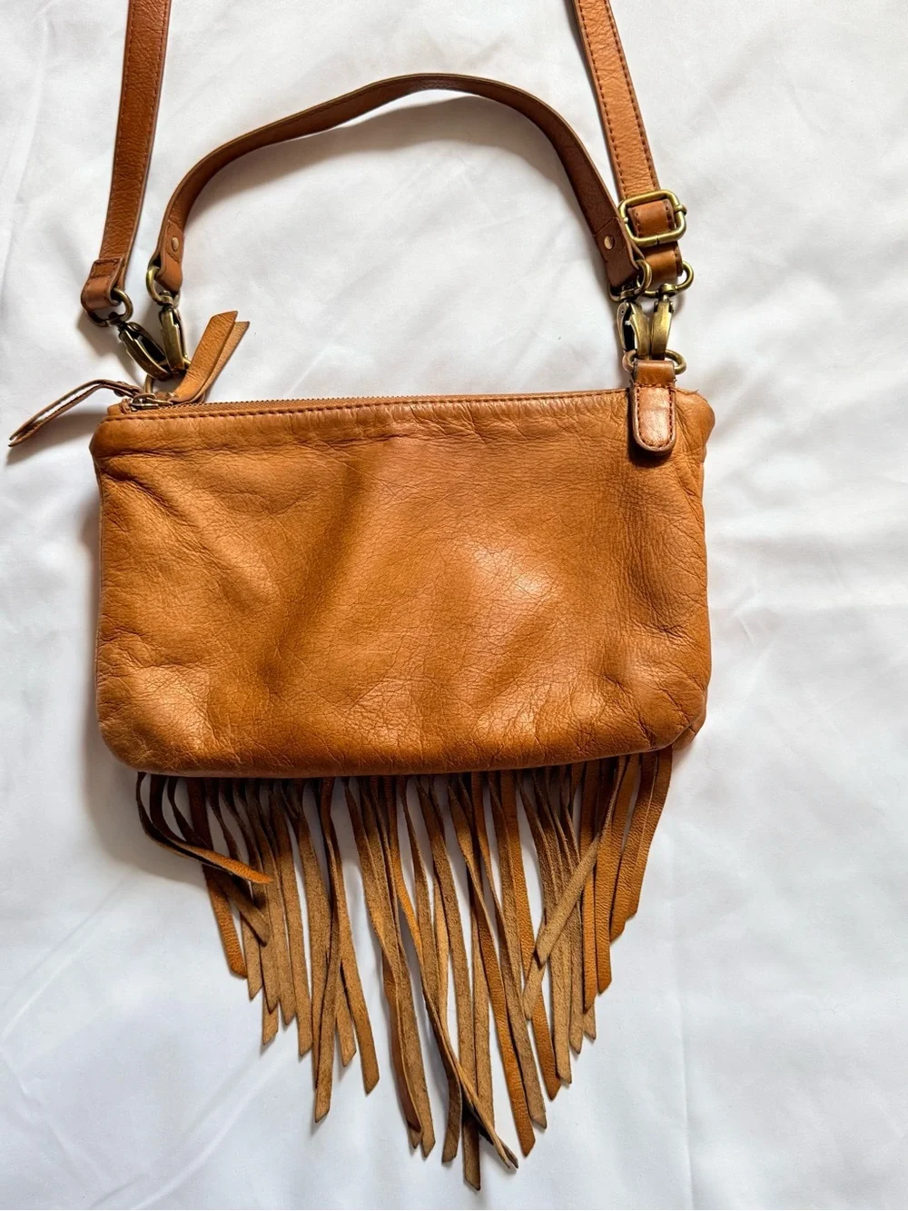 Lucky Brand Cognac Tan Leather Fringe Crossbody Bag Convertible Clutch Festival
